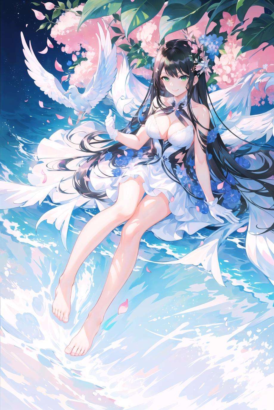 atdan,1girl, solo, green eyes, long hair, barefoot, flower, white gloves, white dress, sleeveless dress, bare shoulders, cleavage, full body, very long hair, smile, flying , sitting, toes, gradient background, looking at viewer, ((masterpiece))<lora:atdan:0.7>