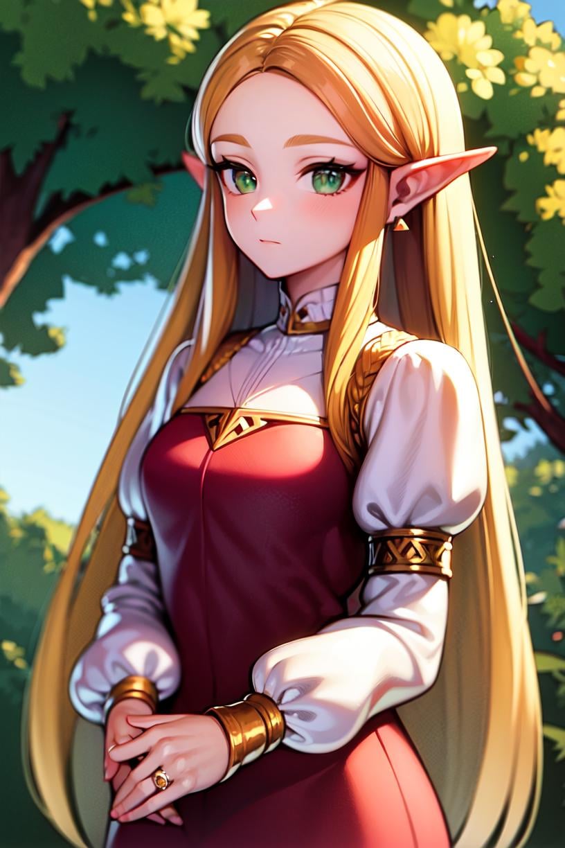 princess zelda,  1girl,  bangs, blonde hair, breasts, bridal gauntlets, closed mouth, expressionless, from side, green eyes, highres, ivy (sena0119), jewelry, long hair, long sleeves, nintendo, outdoors, own hands together, pointy ears, ring, small breasts, solo, standing, the legend of zelda, tree, triforce print, upper body