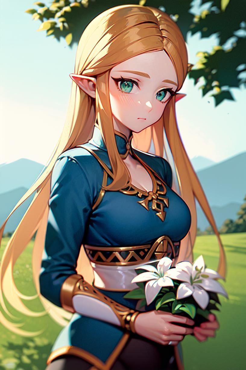 princess zelda,  1girl,  bangs, blonde hair, breasts, bridal gauntlets, closed mouth, expressionless, from side, green eyes, highres, jewelry, long hair, long sleeves, nintendo, outdoors, own hands together, pointy ears, ring, small breasts, solo, standing, the legend of zelda, tree, triforce print, upper body, blue shirt and black pants