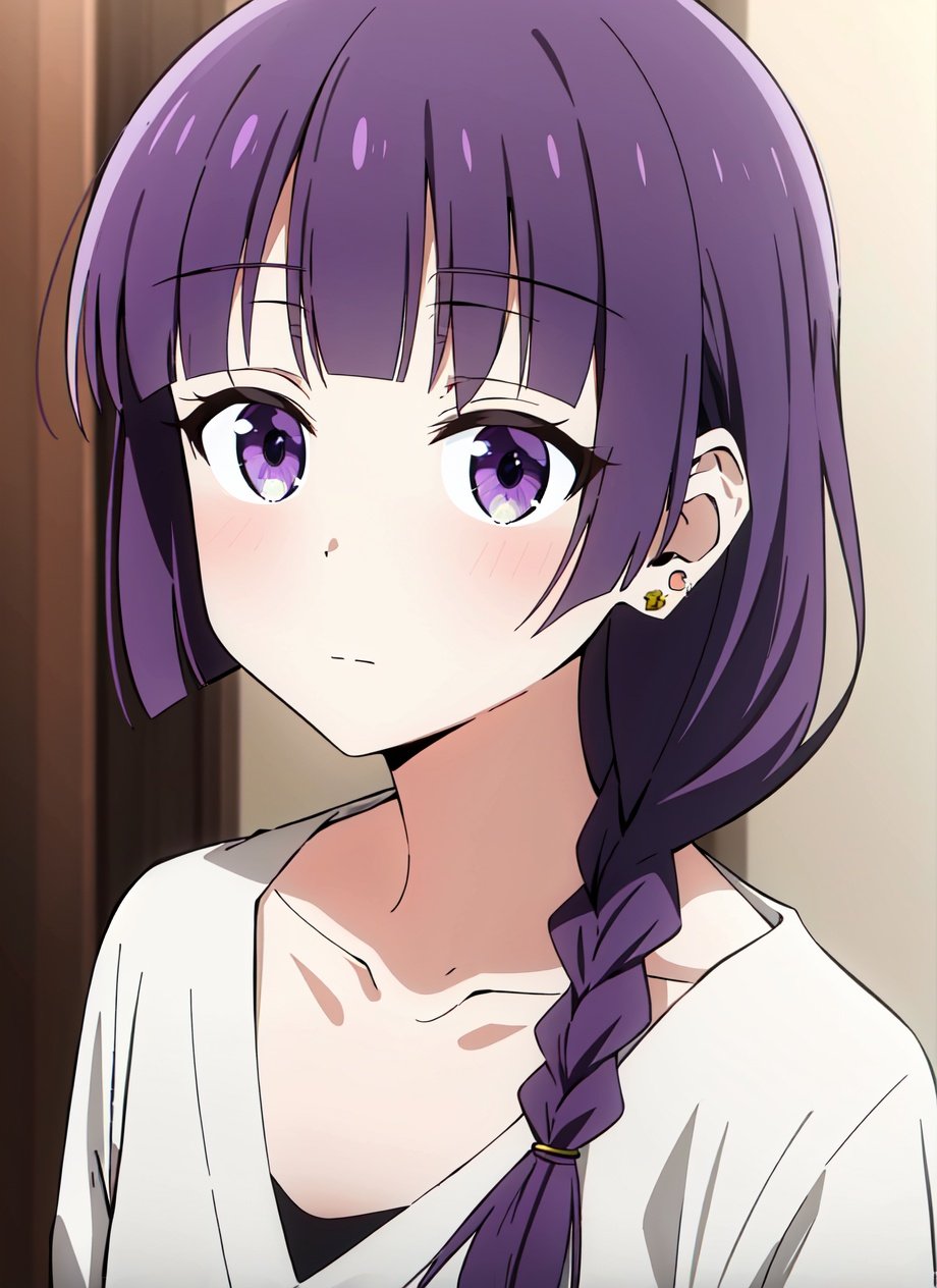 <lora:bocchi_style_offset:1> bocchi style, 1girl, blunt bangs, braid, closed mouth, collarbone, earrings, expressionless, eyelashes, eyes visible through hair, hair over shoulder, hanafuda earrings, jewelry, looking at viewer, portrait, purple eyes, purple hair, single braid, solo, ((masterpiece))