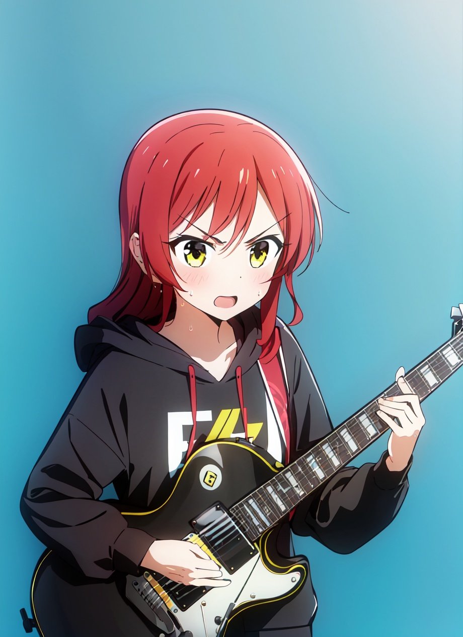 <lora:bocchi_style_offset:1> bocchi style,1girl, black hoodie, electric guitar, gibson les paul, glaring, green background, guitar, holding, holding instrument, holding plectrum, hood, hood down, hoodie, instrument, long hair, long sleeves, looking ahead, music, open mouth, playing instrument, plectrum, print hoodie, red hair, simple background, solo, sweat, upper body, v-shaped eyebrows, yellow eyes, ((masterpiece))