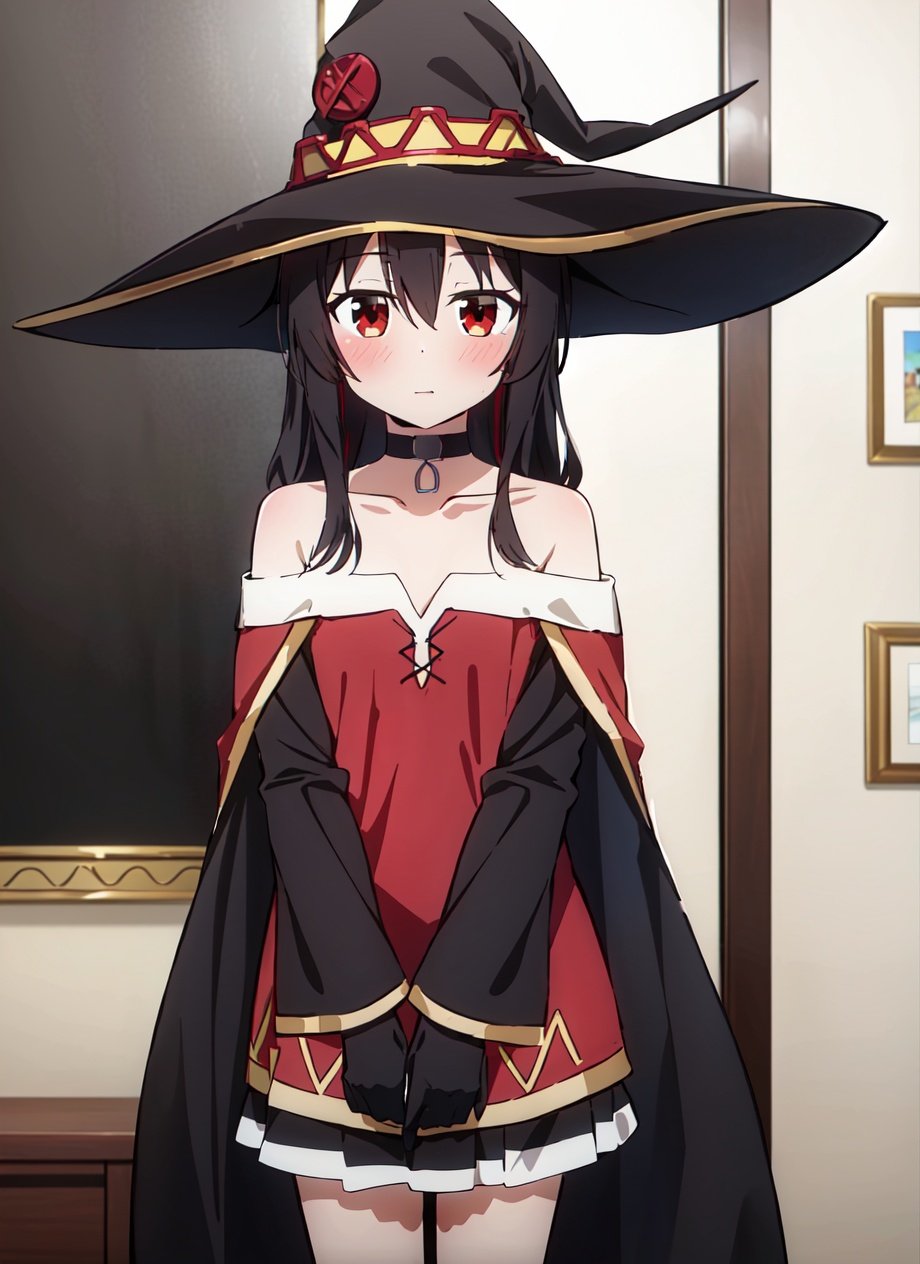 <lora:bocchi_style_offset:1> bocchi style, megumin, 1girl, bare shoulders, black cape, black gloves, black hair, blush, cape, choker, collarbone, dress, hair between eyes, hat, long sleeves, looking at viewer, medium hair, off-shoulder dress, off shoulder, red dress, red eyes, sidelocks, solo, witch hat, indoors, ((masterpiece))