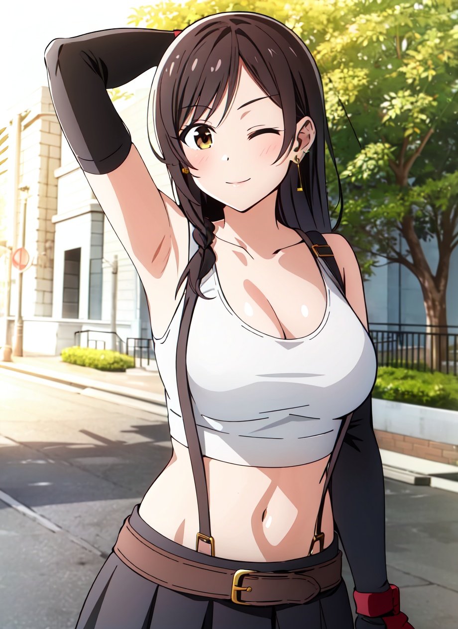 <lora:bocchi_style_offset:1> bocchi style, tifa lockhart, 1girl, thick lips, arm up, armpits, artist name, belt, black hair, breasts, brown eyes, cleavage, closed mouth, collarbone, cowboy shot, crop top, earrings, elbow gloves, elbow pads, gloves, jewelry, large breasts, lips, long hair, low-tied long hair, midriff, navel, one eye closed, outdoors, skirt, smile, solo, stomach, suspenders, tank top, upper body, ((masterpiece))  <lora:tifa_lockhart:0.3>