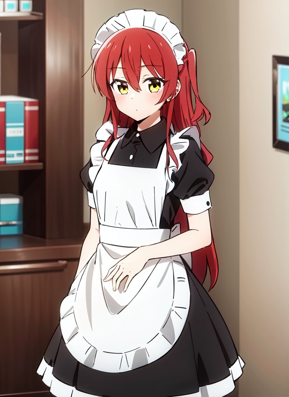<lora:bocchi_style_offset:1> bocchi style, 1girl, alternate costume, apron, black dress, copyright name, cowboy shot, dress, enmaided, frilled apron, frills, hair between eyes, long hair, maid, maid headdress, one side up, red hair, solo, white apron, indoors, yellow eyes, ((masterpiece))