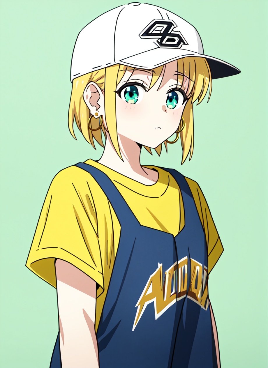 <lora:bocchi_style_offset:1> bocchi style, masterpiece, best quality, 1girl, aqua eyes, baseball cap, blonde hair, closed mouth, earrings, green background, hat, hoop earrings, jewelry, looking at viewer, shirt, short hair, simple background, solo, upper body, yellow shirt