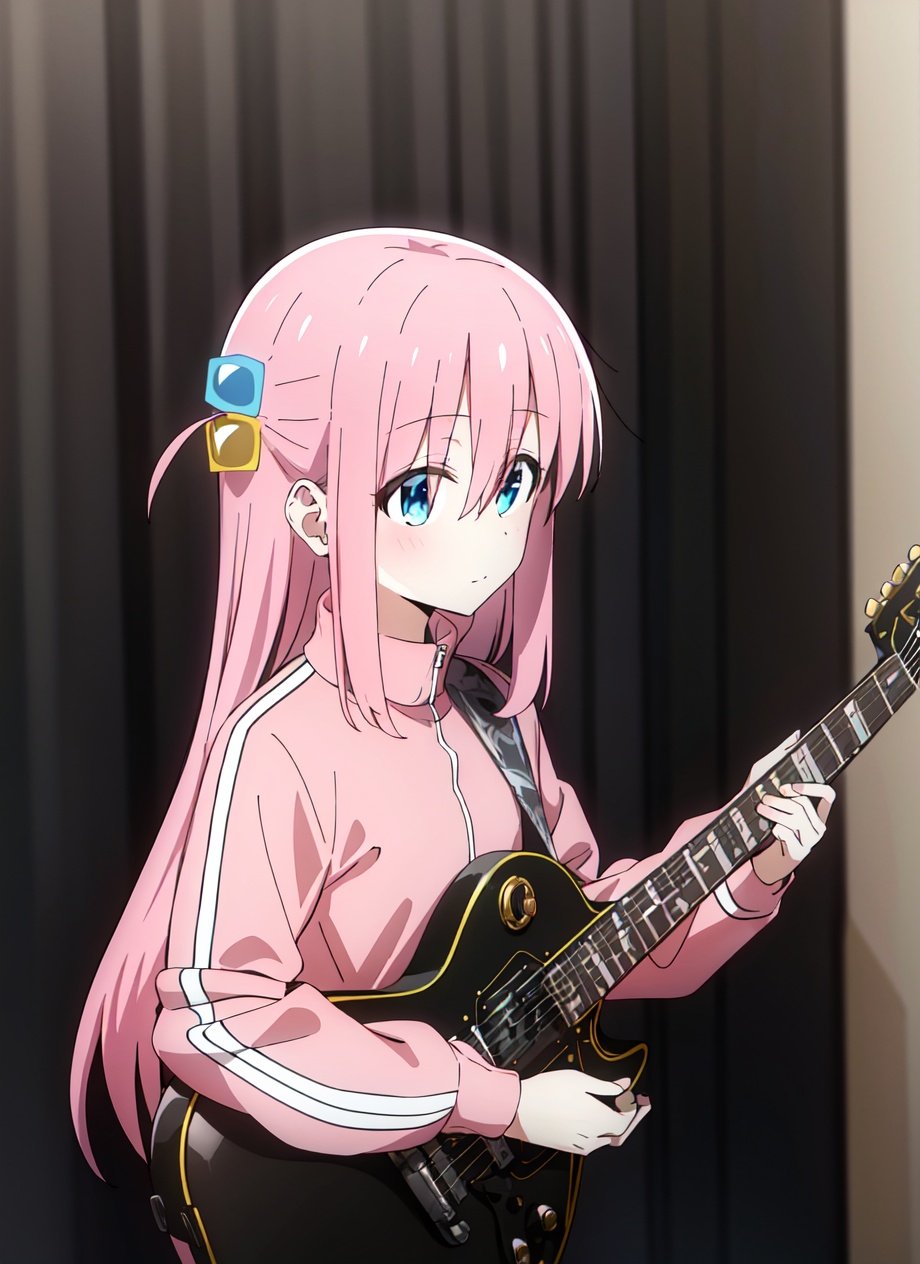 <lora:bocchi_style_offset:1> bocchi style, gotou hitori, 1girl, blue eyes, closed mouth, cube hair ornament, grey skirt, guitar, hair between eyes, hair ornament, hair over eyes, holding, holding instrument, instrument, jacket, long hair, long sleeves, music, one side up, pink hair, pink jacket, pink track suit, playing instrument, pleated skirt, skirt, solo, track jacket, upper body, ((masterpiece))