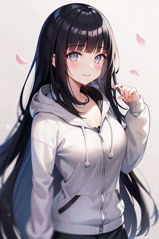 hinata, 1girl, bangs, black_hair, blunt_bangs, grey_eyes, grey_sleeves, headband_around_neck, highres, hime_cut, hooded_cardigan, hyuuga_hinata, long_hair, long_sleeves, looking_at_viewer, petals,  smile, solo, straight_hair, upper_body