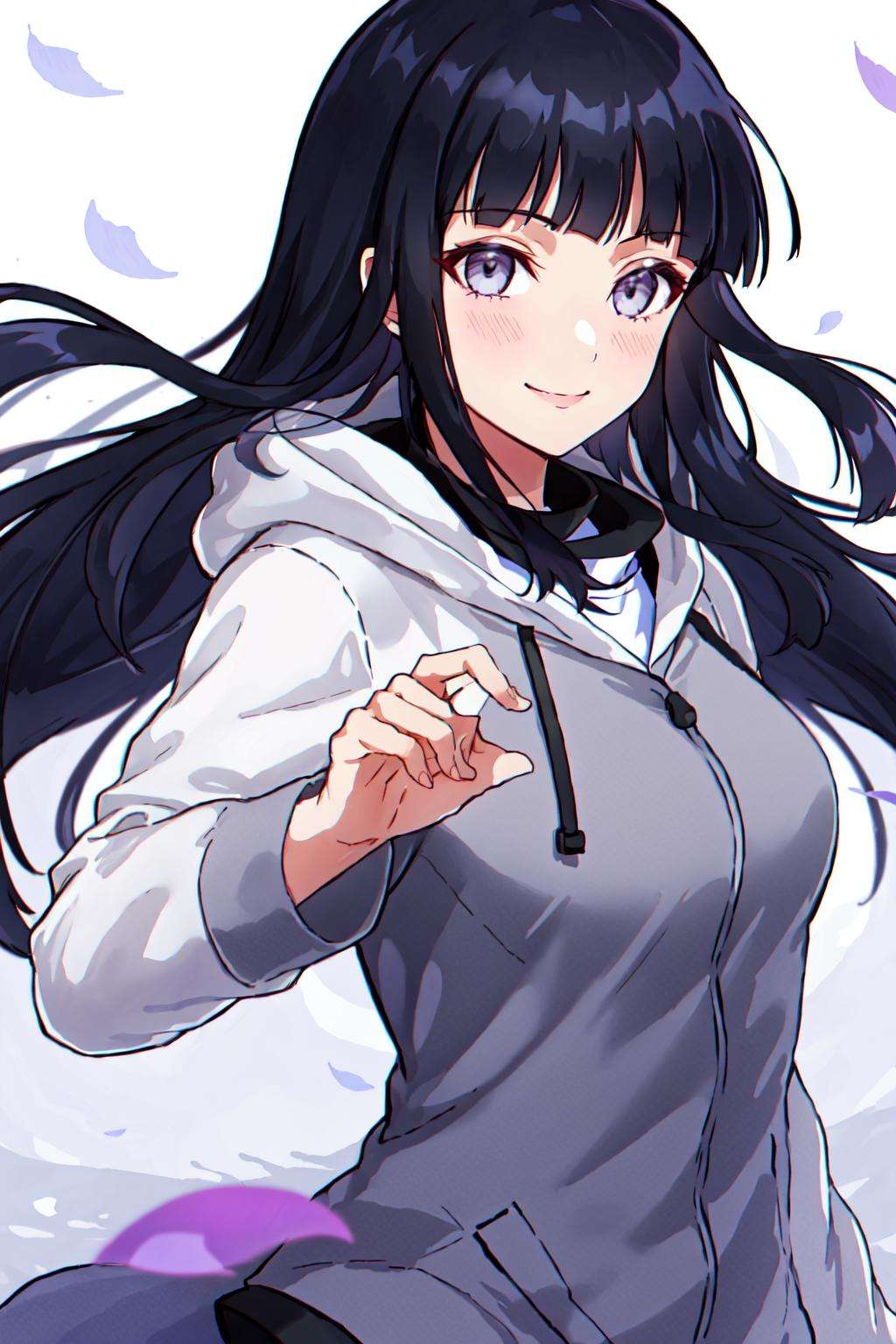 hinata, hyuuga_hinata, 1girl, bangs, empty_eyes, black_hair, blunt_bangs, grey_eyes, grey_sleeves, headband_around_neck, highres, hime_cut, hooded_cardigan, long_sleeves, looking_at_viewer, petals,  smile, solo, straight_hair, upper_body, hooded_jacket, fighting pose