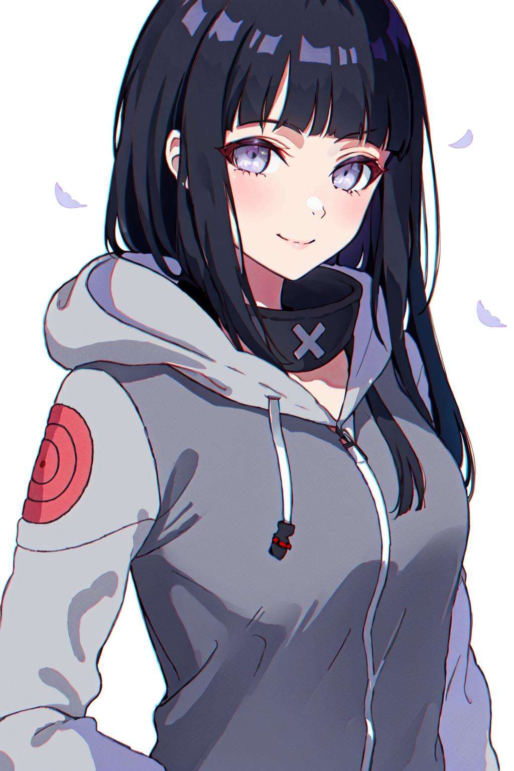 hinata, hyuuga_hinata, 1girl, bangs, empty_eyes, black_hair, blunt_bangs, grey_eyes, grey_sleeves, headband_around_neck, highres, hime_cut, hooded_cardigan, long_sleeves, looking_at_viewer, petals,  smile, solo, straight_hair, upper_body, hooded_jacket, simple_background