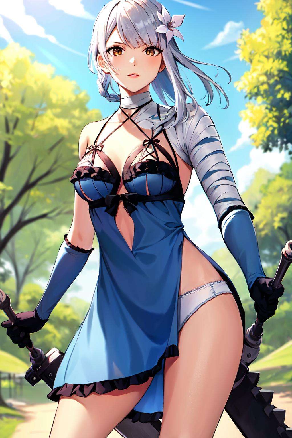 kaine \(nier\), 1girl, white hair, bandaged arm, bandaged neck, bandages, bangs, black bow, black gloves, blurry, blurry background, bow, braid, breasts, brown eyes, clothing cutout, collarbone, commentary, cowboy shot, detached sleeves, diagonal bangs, ekao, flower, frills, gloves, hair flower, hair ornament, highres, holding, holding weapon, leaf, light brown hair, lingerie, lips, looking to the side, medium breasts, negligee, nier, nier \(series\), outdoors, panties, plant, side slit, sidelocks, solo, standing, swept bangs, sword, thighs, underwear, weapon, white flower, white negligee, white panties,<lora:kaine-000042:0.6>