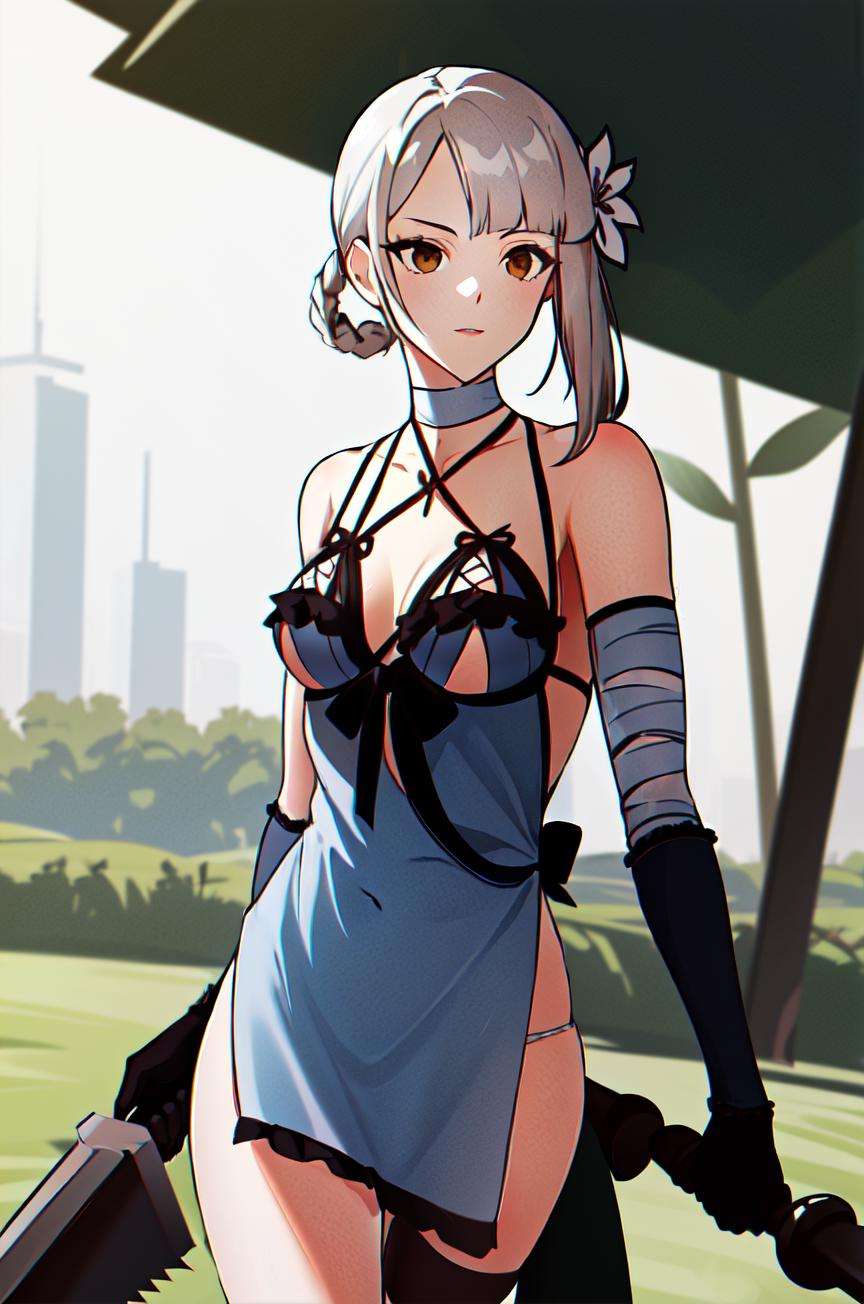 kaine \(nier\), 1girl, white hair, bandaged arm, bandaged neck, bandages, bangs, black bow, black gloves, blurry, blurry background, bow, braid, breasts, brown eyes, clothing cutout, collarbone, commentary, cowboy shot, detached sleeves, diagonal bangs, ekao, flower, frills, gloves, hair flower, hair ornament, highres, holding, holding weapon, leaf, light brown hair, lingerie, lips, looking to the side, medium breasts, negligee, nier, nier \(series\), outdoors, panties, plant, side slit, sidelocks, solo, standing, swept bangs, sword, thighs, underwear, weapon, white flower, white negligee, white panties,<lora:kaine:0.6>