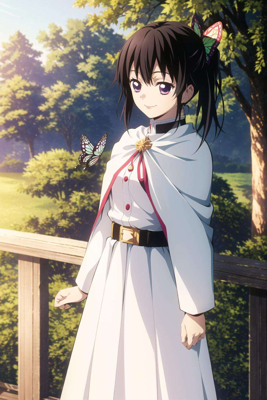 kimetsu no yaiba style, 1girl, butterfly hair ornament, hair ornament, butterfly, bug, demon slayer uniform, solo, purple eyes, side ponytail, butterfly on hand, smile, black hair, white cape, cape, outdoors, bangs, tree, fence, anime coloring,  ((masterpiece)) <lora:kimetsu_no_yaiba_style_offset:1>