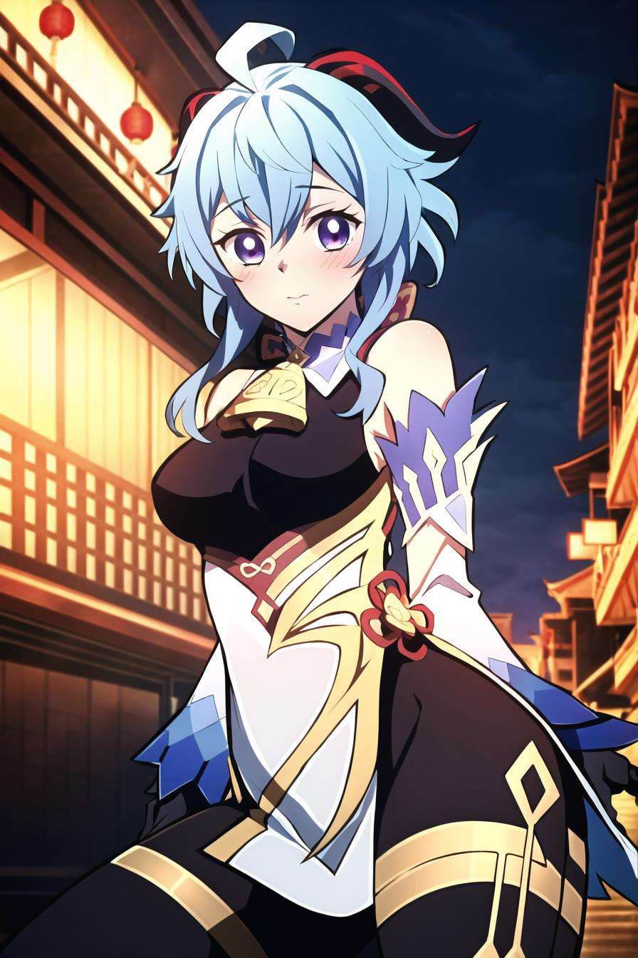 kimetsu no yaiba style, ganyu \(genshin impact\), 1girl, ahoge, architecture, bangs, bare shoulders, bell, black gloves, black pantyhose, ((blue hair)), blush, breasts, chinese knot, detached sleeves, east asian architecture, flower knot, gloves, horns, long hair, looking at viewer, medium breasts, neck bell, night, outdoors, pantyhose, purple eyes, sidelocks, solo, tassel, white sleeves, anime coloring,  ((masterpiece)) <lora:kimetsu_no_yaiba_style_offset:1> <lora:ganyu_ned2_offset:1>