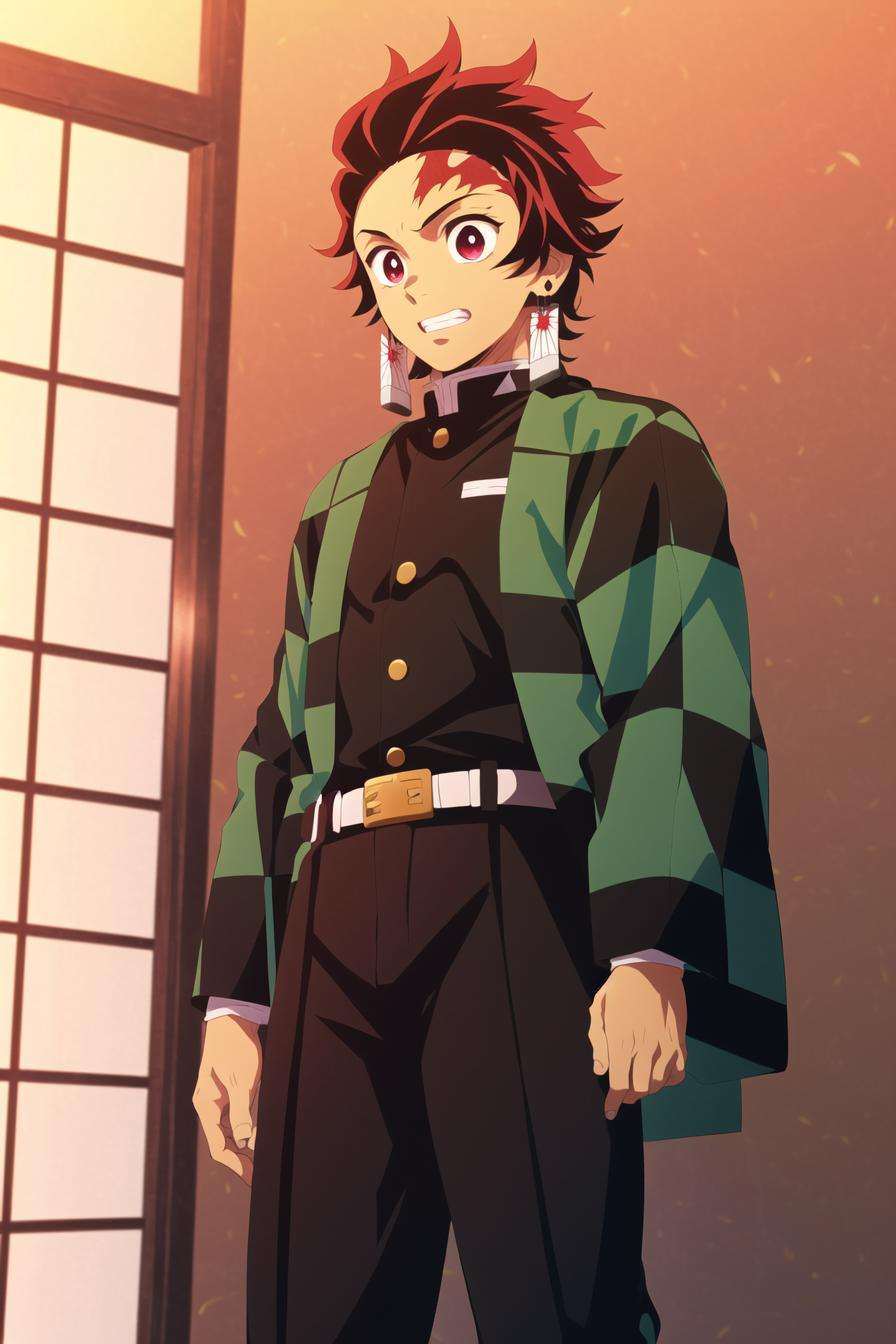 kimetsu no yaiba style, kamado tanjiro, demon slayer uniform, 1boy, male focus, scar on face, weapon, scar, earrings, teeth, jewelry, pants,  scar on forehead, brown hair, belt, black pants, japanese clothes, haori, green haori, solo, red eyes, long sleeves, anime coloring,  ((masterpiece)) <lora:kimetsu_no_yaiba_style_offset:1>