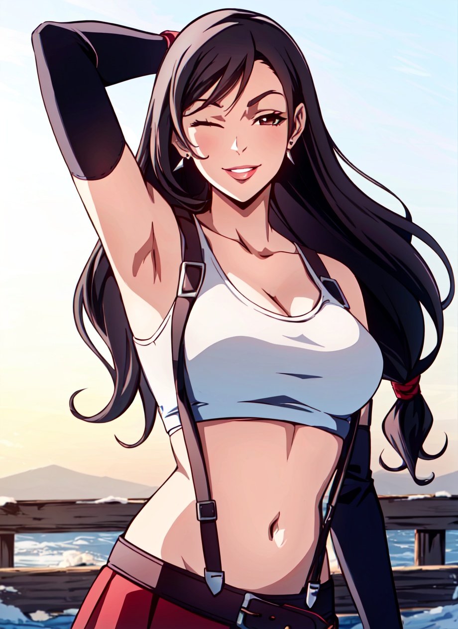 <lora:castlevania_style_offset:1> castlevania style, tifa lockhart, 1girl, thick lips, arm up, armpits, artist name, belt, black hair, breasts, brown eyes, cleavage, closed mouth, collarbone, cowboy shot, crop top, earrings, elbow gloves, elbow pads, gloves, jewelry, large breasts, lips, long hair, low-tied long hair, midriff, navel, one eye closed, outdoors, skirt, smile, solo, stomach, suspenders, tank top, upper body, ((masterpiece))  <lora:tifa_lockhart:0.3>