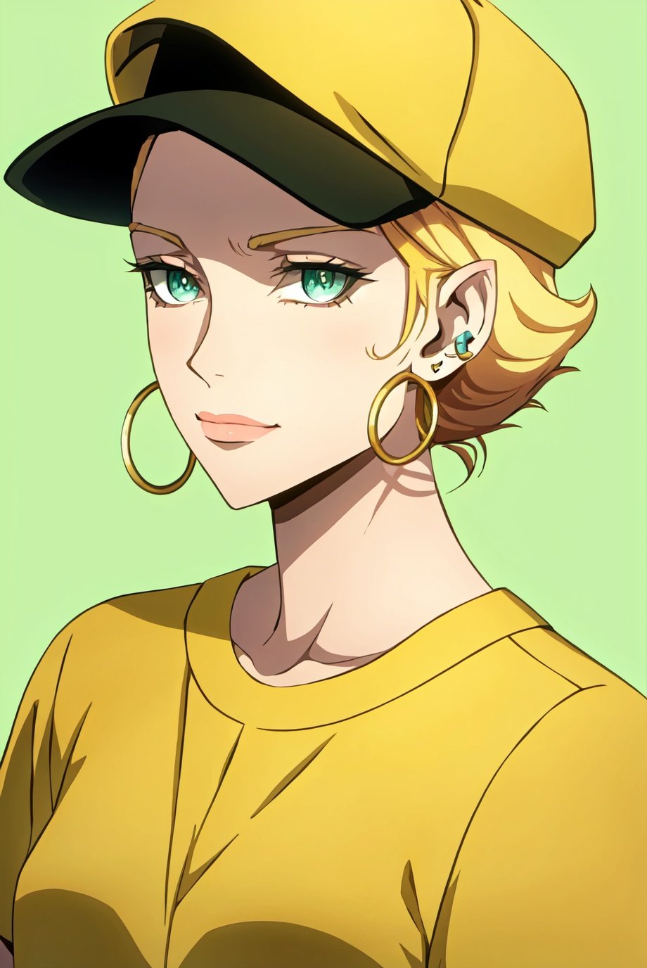 castlevania style, masterpiece, best quality, 1girl, aqua eyes, baseball cap, blonde hair, closed mouth, earrings, green background, hat, hoop earrings, jewelry, looking at viewer, shirt, short hair, simple background, solo, upper body, yellow shirt<lora:castlevania_style_offset:1>