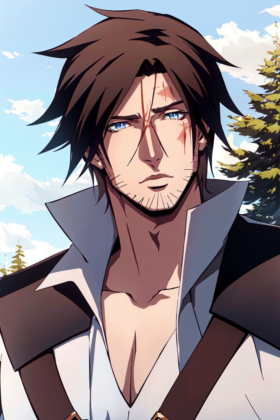 castlevania style,  1boy, male focus, solo, brown hair, facial hair, blue eyes, scar, tree, scar on face, outdoors, stubble, outdoors, ((masterpiece))<lora:castlevania_style_offset:1>