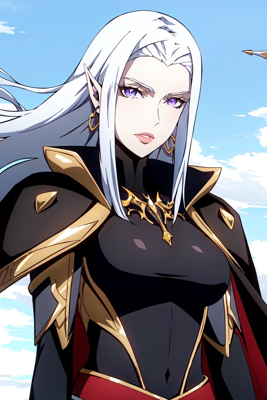 castlevania style,   1girl, black coat, silver details, hood, between breasts, white hair, purple eyes, breasts, black cape,circlet, earrings, elf, forehead jewel, gloves, jewelry, lips, long hair, long pointy ears, looking at viewer, medium breasts, multiple belts, portrait, pauldrons, pointy ears, sheath, shoulder armor, solo, strap between breasts, wind, outdoors, ((masterpiece))<lora:castlevania_style_offset:1>
