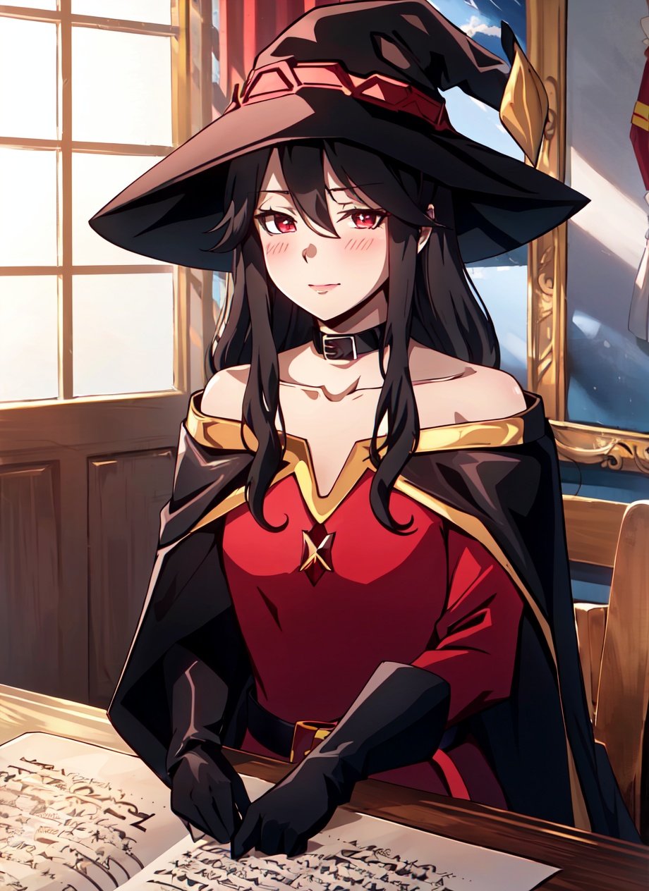 <lora:castlevania_style_offset:1> castlevania style, megumin, 1girl, bare shoulders, black cape, black gloves, black hair, blush, cape, choker, collarbone, dress, hair between eyes, hat, long sleeves, looking at viewer, medium hair, off-shoulder dress, off shoulder, red dress, red eyes, sidelocks, solo, witch hat, indoors, ((masterpiece))