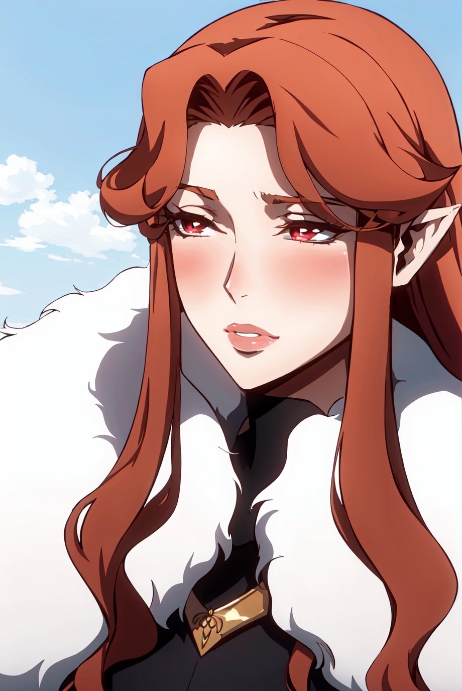 castlevania style, 1girl, solo, red eyes, long hair, blush, red hair, lips, parody, fur trim, pointy ears, brown hair, looking to the side, looking away, ((masterpiece))<lora:castlevania_style_offset:1>