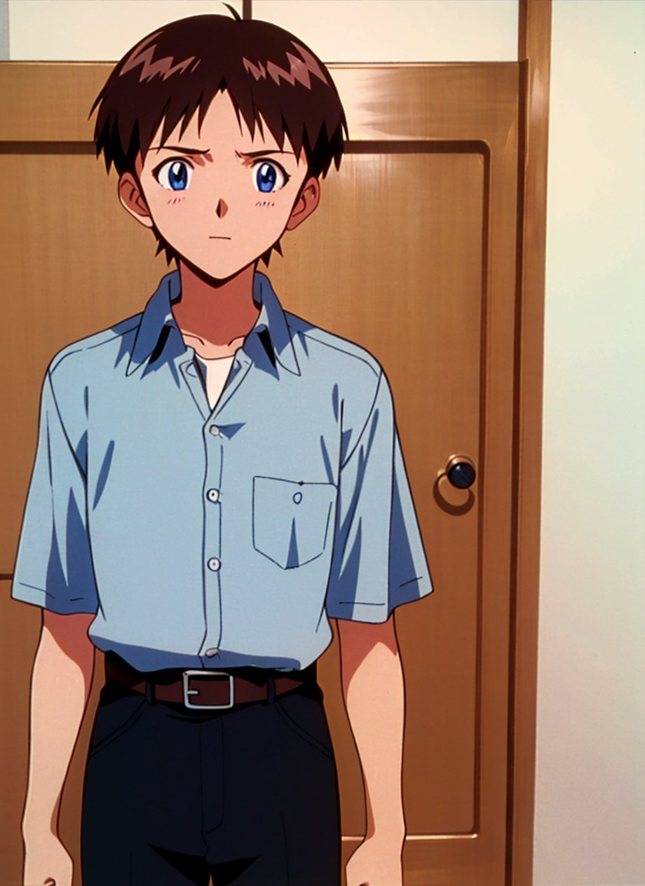 evangelion anime style, anime screencap, 1990s_\(style\),  ikari shinji, 1boy, belt, black pants, blue eyes, blue shirt, brown belt, brown hair, collared shirt, male focus, pants, school uniform, shirt, short bangs, short hair, short sleeves, solo, tokyo-3 middle school uniform, white shirt,  ((masterpiece))   <lora:evangelion_anime_style_offset:1>