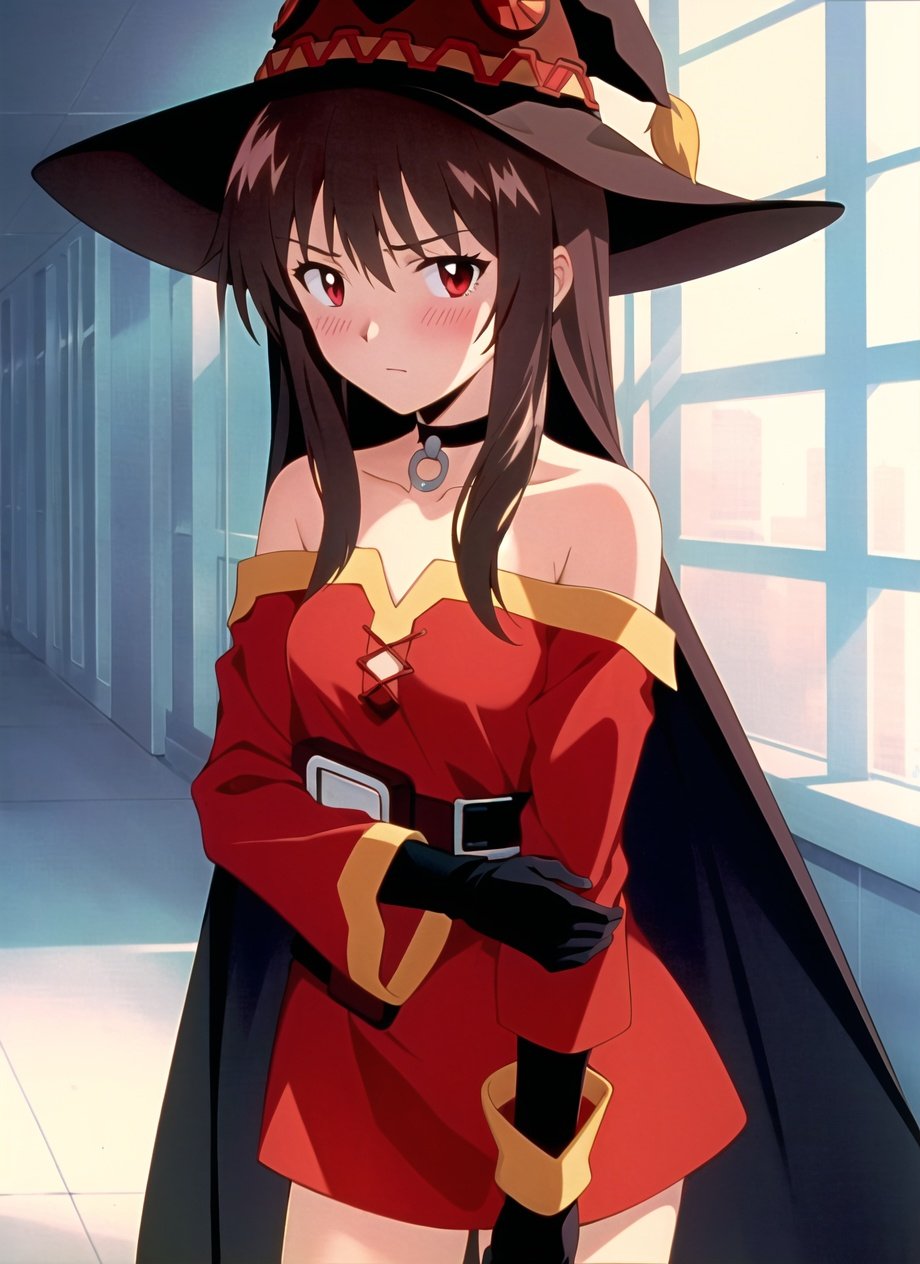 evangelion anime style, anime screencap, 1990s_\(style\), megumin, 1girl, bare shoulders, black cape, black gloves, black hair, blush, cape, choker, collarbone, dress, hair between eyes, hat, long sleeves, looking at viewer, medium hair, off-shoulder dress, off shoulder, red dress, red eyes, sidelocks, solo, witch hat, indoors, ((masterpiece)) <lora:evangelion_anime_style_offset:1>