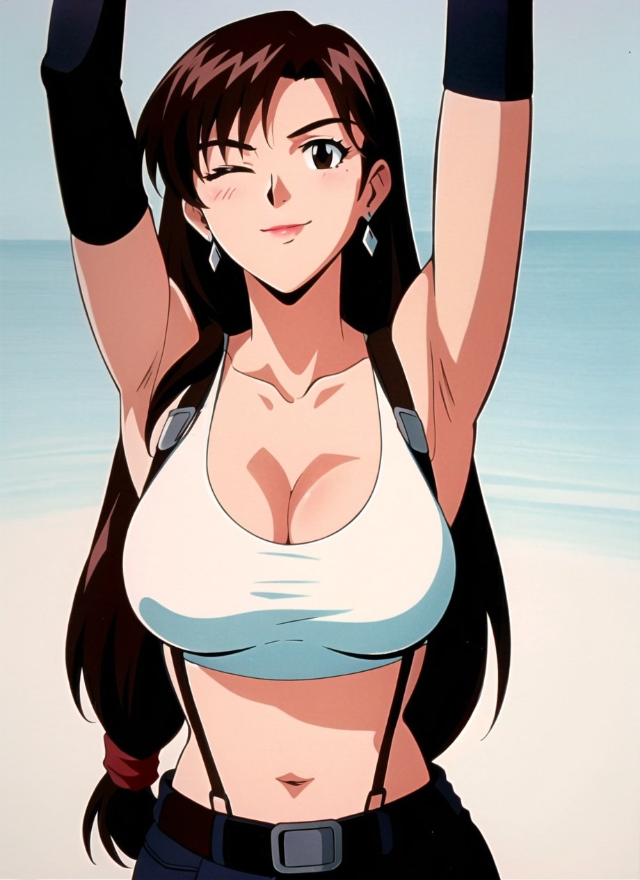 evangelion anime style, anime screencap, 1990s_\(style\),  tifa lockhart, 1girl, thick lips, arm up, armpits, artist name, belt, black hair, breasts, brown eyes, cleavage, closed mouth, collarbone, cowboy shot, crop top, earrings, elbow gloves, elbow pads, gloves, gradient background, jewelry, large breasts, lips, long hair, low-tied long hair, midriff, navel, one eye closed, simple background, skirt, smile, solo, stomach, suspenders, tank top, upper body, ((masterpiece)) <lora:tifa_lockhart:0.4> <lora:evangelion_anime_style_offset:1>