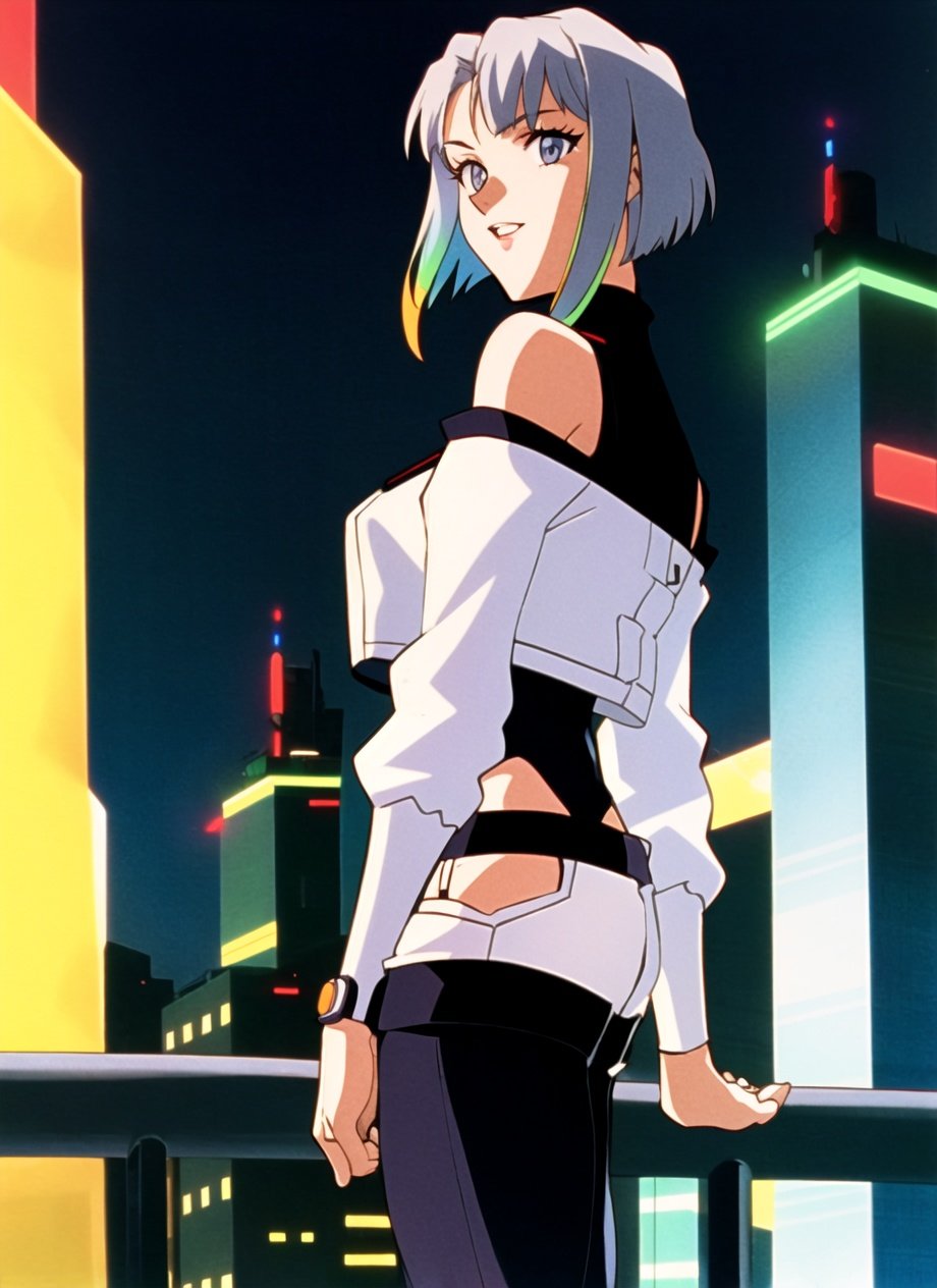 evangelion anime style, anime screencap, 1990s_\(style\),  lucy \(cyberpunk\), 1girl, against railing, arm rest, bangs, bare shoulders, belt, black belt, black leotard, black pants, blurry, bob cut, breasts, building, cityscape, clothing cutout, cropped jacket, cyberpunk, depth of field, from side, gradient eyes, grey eyes, grey hair, jacket, leotard, lips, long sleeves, looking afar, looking ahead, mechanical parts, medium breasts, multicolored eyes, multicolored hair, night, night sky, off shoulder, open clothes, open jacket, outdoors, pants, parted lips, railing, red eyeliner, science fiction, short hair with long locks, short shorts, shorts, sidelocks, sky, solo, standing, teeth, thigh cutout, upper teeth only, white jacket, white shorts, cyberpunk \(series\), cyberpunk edgerunners, <lora:lucy-000035:0.5> <lora:evangelion_anime_style_offset:1>