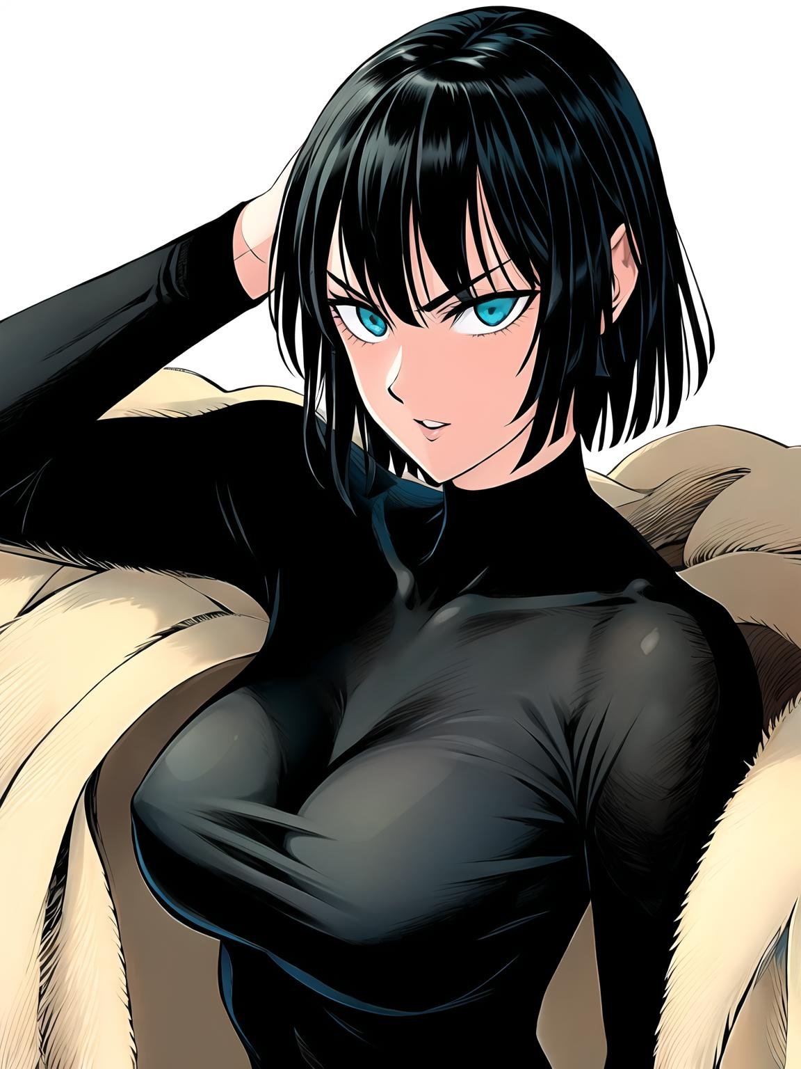 1girl, fubuki \(one-punch man\), black dress, black hair, large breasts, fur coat, <lora:murata_yuusuke:0.4>