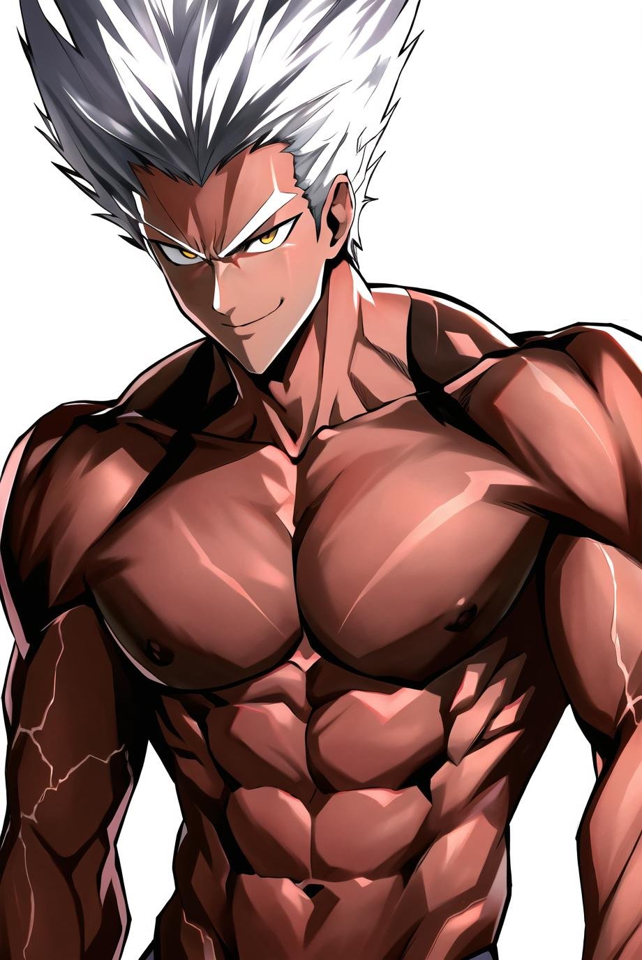 murata yuusuke, garou \(one-punch man\), 1boy, closed mouth, collarbone, yellow eyes, looking at viewer, male focus, manly, muscular, nipples, pectorals, red eyes, silver hair, simple background, smile, solo, stance, veins, white background, outdoors, highres <lora:murata_yuusuke:0.6>