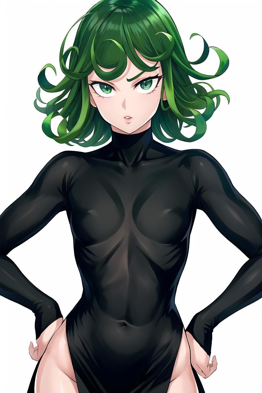 murata yuusuke, 1girl, absurdres, tatsumaki, black dress, colorized, contrapposto, covered navel, curly hair, dress, flipped hair, green eyes, green hair, hands on hips, highres, official art, one-punch man, pelvic curtain, pink lips, short hair, side slit, solo, upper body, standing <lora:murata_yuusuke:0.6>