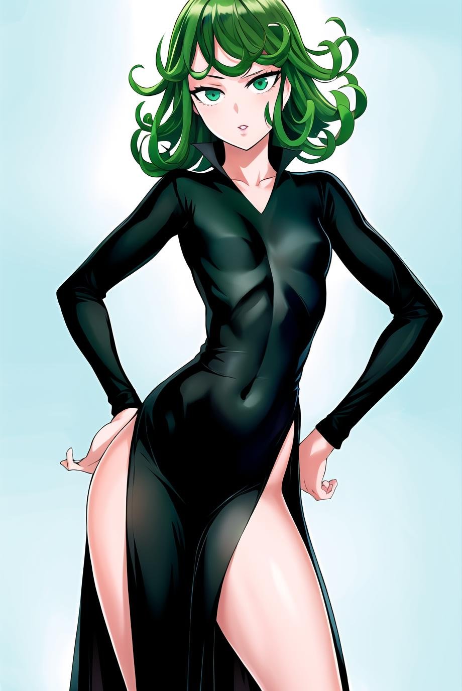 murata yuusuke, 1girl, absurdres, tatsumaki, black dress, colorized, covered navel, curly hair, dress, v-neck, flipped hair, green eyes, green hair, hands on hips, highres, official art, one-punch man, pelvic curtain, pink lips, short hair, side slit, solo, standing <lora:murata_yuusuke:0.6>