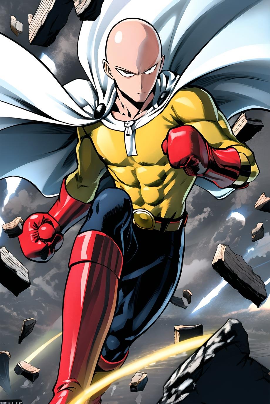 murata yuusuke, saitama \(one-punch man\),  one-punch man, 1boy, bald, belt, yellow bodysuit, boots, white cape, clenched hand, closed mouth, debris, floating cape, red gloves, leg up, looking at viewer, male focus, motion lines, punching, red boots, serious, solo, superhero, watermark, wind <lora:murata_yuusuke:0.6>