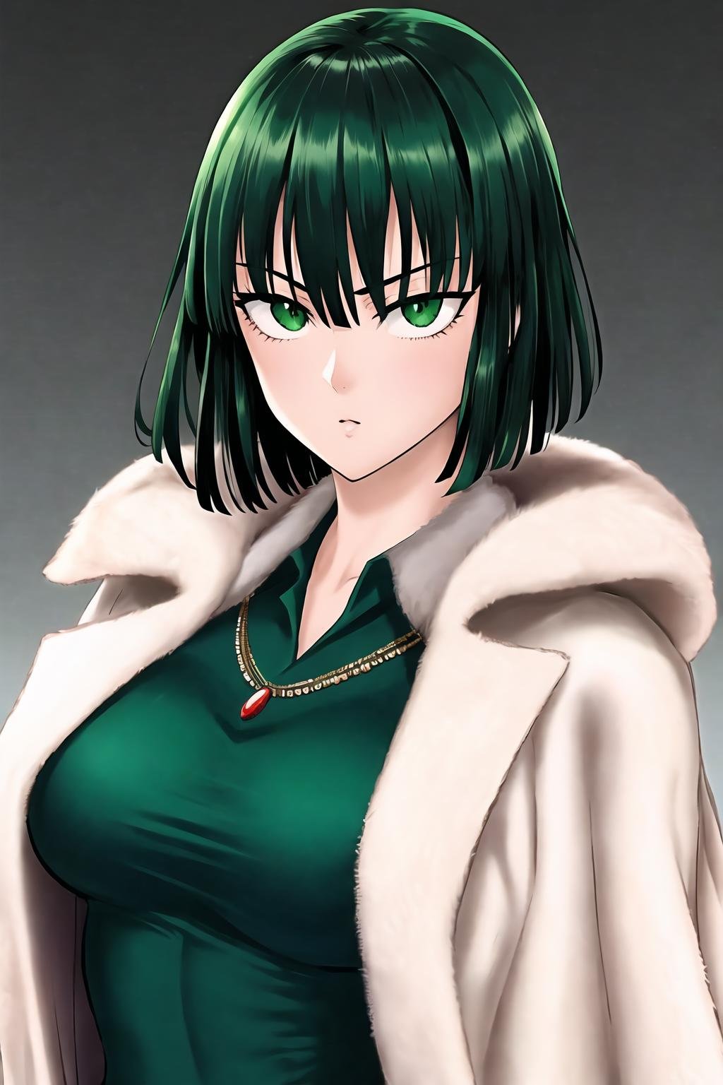 murata yuusuke, masterpiece, best quality, 1girl, bangs, breasts, collared dress, colorized, dress, fubuki \(one-punch man\), fur coat, gradient background, green eyes, green hair, hair between eyes, highres, jewelry, one-punch man, short hair, solo, standing