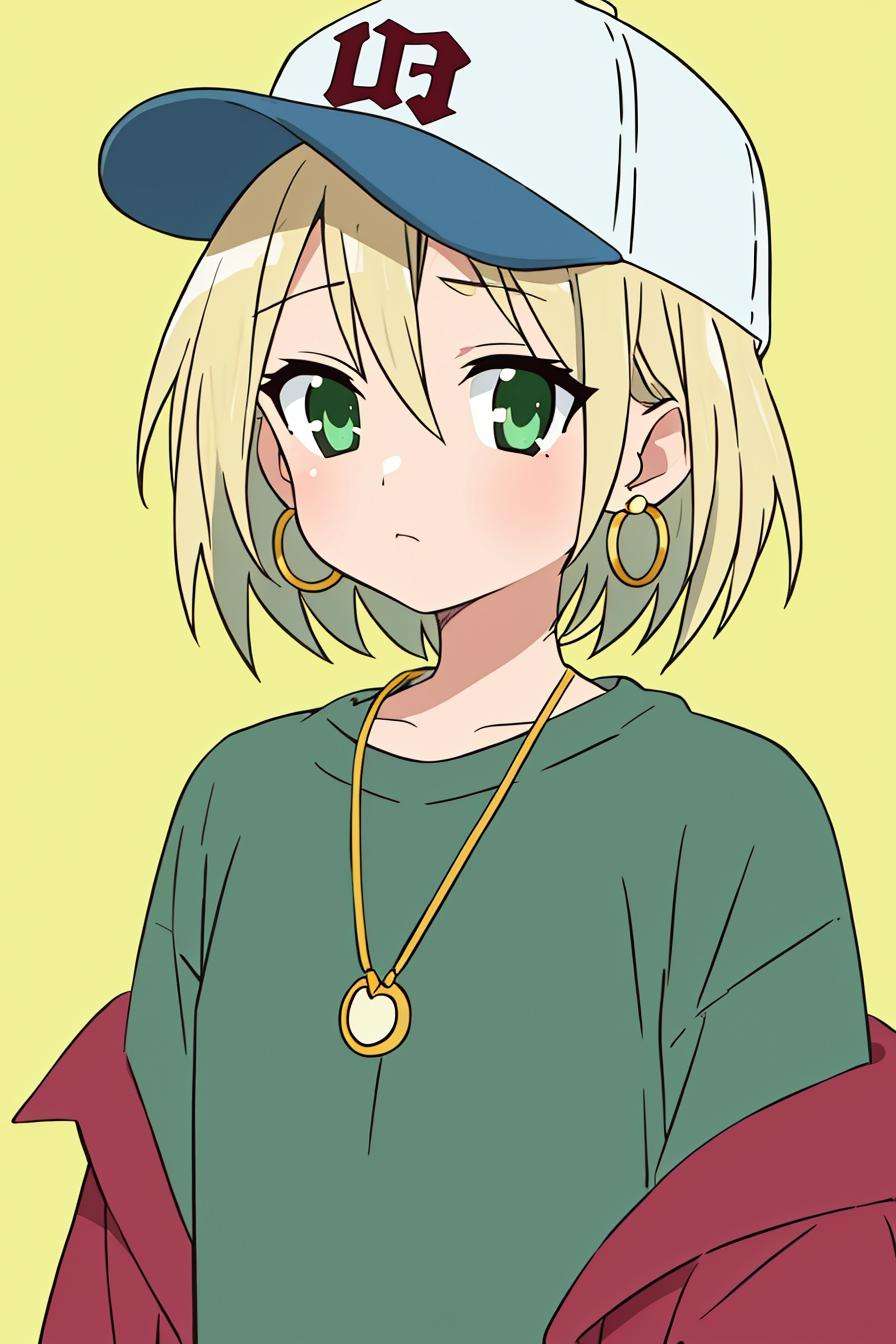 lucky star, masterpiece, best quality, 1girl, aqua eyes, baseball cap, blonde hair, closed mouth, earrings, green background, hat, hoop earrings, jewelry, looking at viewer, shirt, short hair, simple background, solo, upper body, yellow shirt <lora:lucky_star_offset:1>