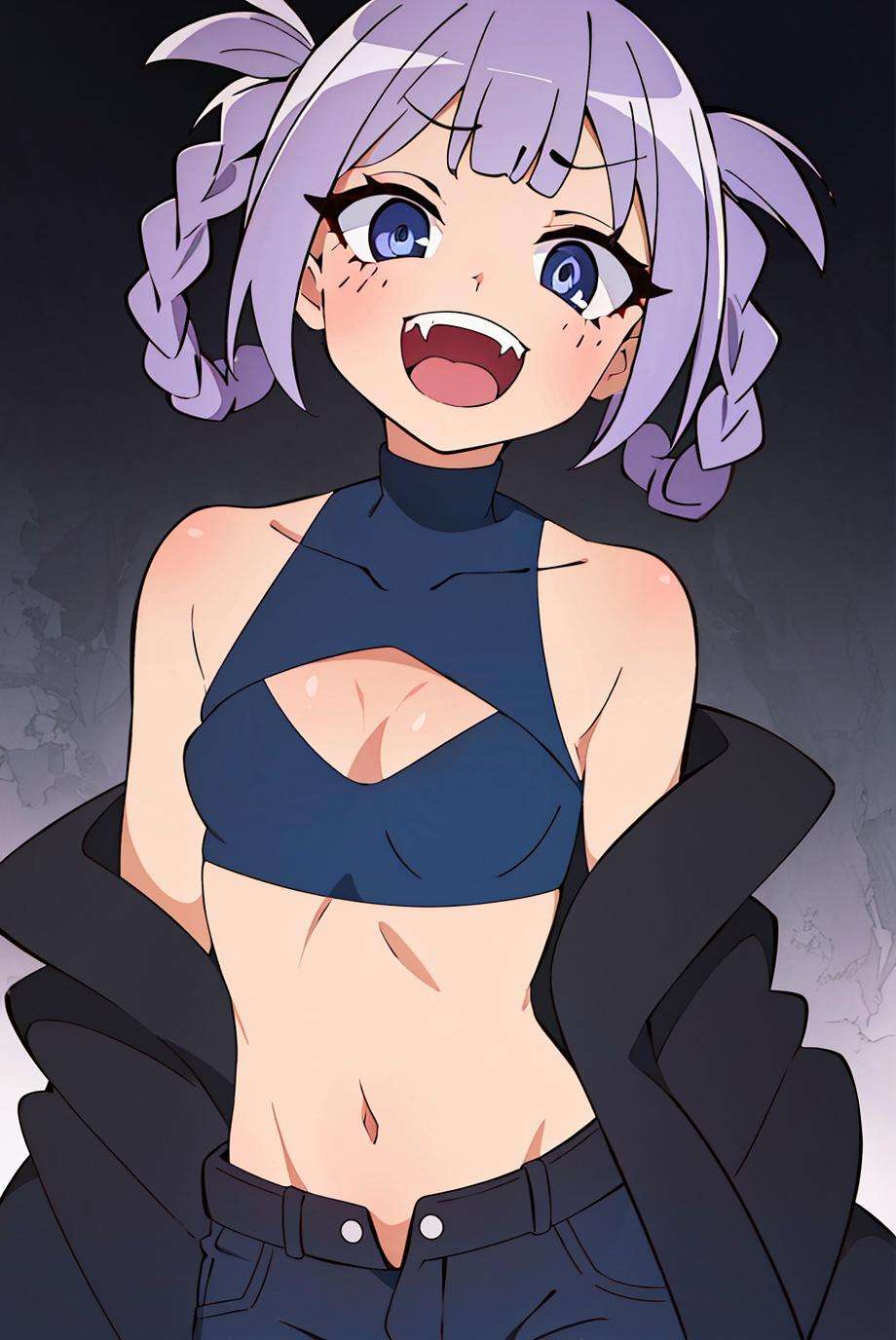 lucky star, nanakusa nazuna,1girl, bangs, black background, black jacket, black shirt, black shorts, blue eyes, blunt bangs, breasts, cleavage cutout, clothing cutout, crop top, eyeshadow, fangs, gradient hair, grey hair, hair rings, jacket, light purple hair, looking at viewer, makeup, multicolored hair, navel, open mouth, red eyeshadow, shirt, shorts, sleeveless, sleeveless turtleneck, sleeveless turtleneck crop top, small breasts, solo, stomach, turtleneck, turtleneck crop top, two-tone hair, vampire, ((masterpiece))<lora:nanakusa_nazuna_offset:1> <lora:lucky_star_offset:1>