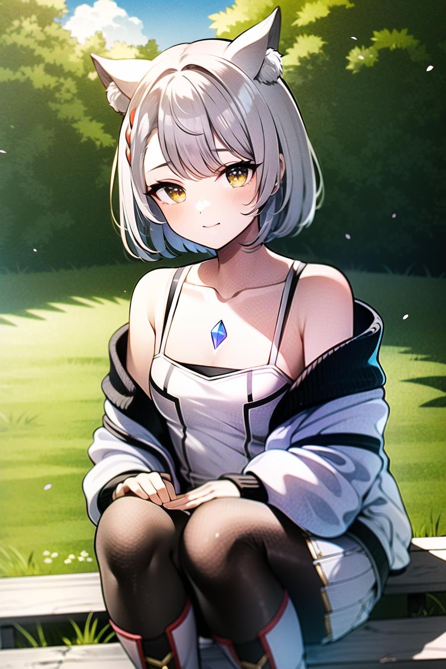 mio \(xenoblade\),1boy, 1girl,  animal ears , black pantyhose, boots, breasts, camisole, chest jewel, closed mouth, grey hair, jacket, knee boots, outdoors, pantyhose, short hair, shoulder strap, skirt, small breasts, tank top, white camisole, white footwear, white jacket, white skirt, white tank top, yellow eyes,<lora:mio:0.6>