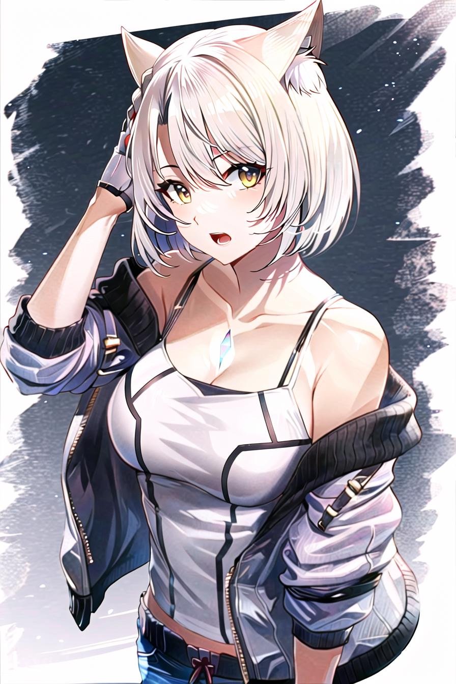 mio \(xenoblade\),1girl, animal ears, bare shoulders, grey hair, braid, breasts, fingerless gloves, gloves, jacket, looking at viewer, off shoulder, open mouth, short hair, solo, white gloves, yellow eyes,<lora:mio:0.6>