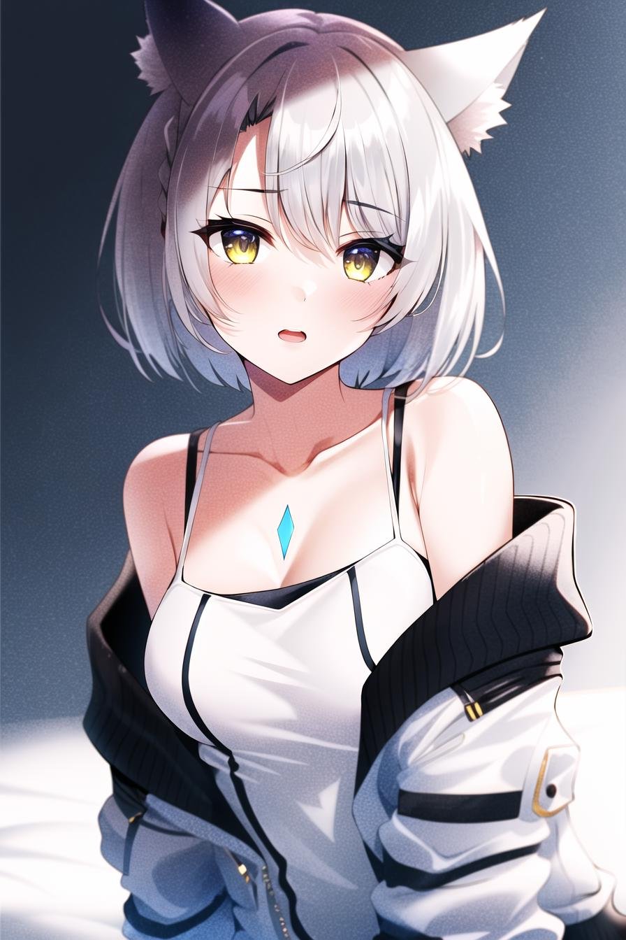 mio \(xenoblade\),1girl, animal ears, bare shoulders, grey hair, braid, breasts, jacket, looking at viewer, off shoulder, open mouth, short hair, solo, white gloves, yellow eyes,<lora:mio:0.6>