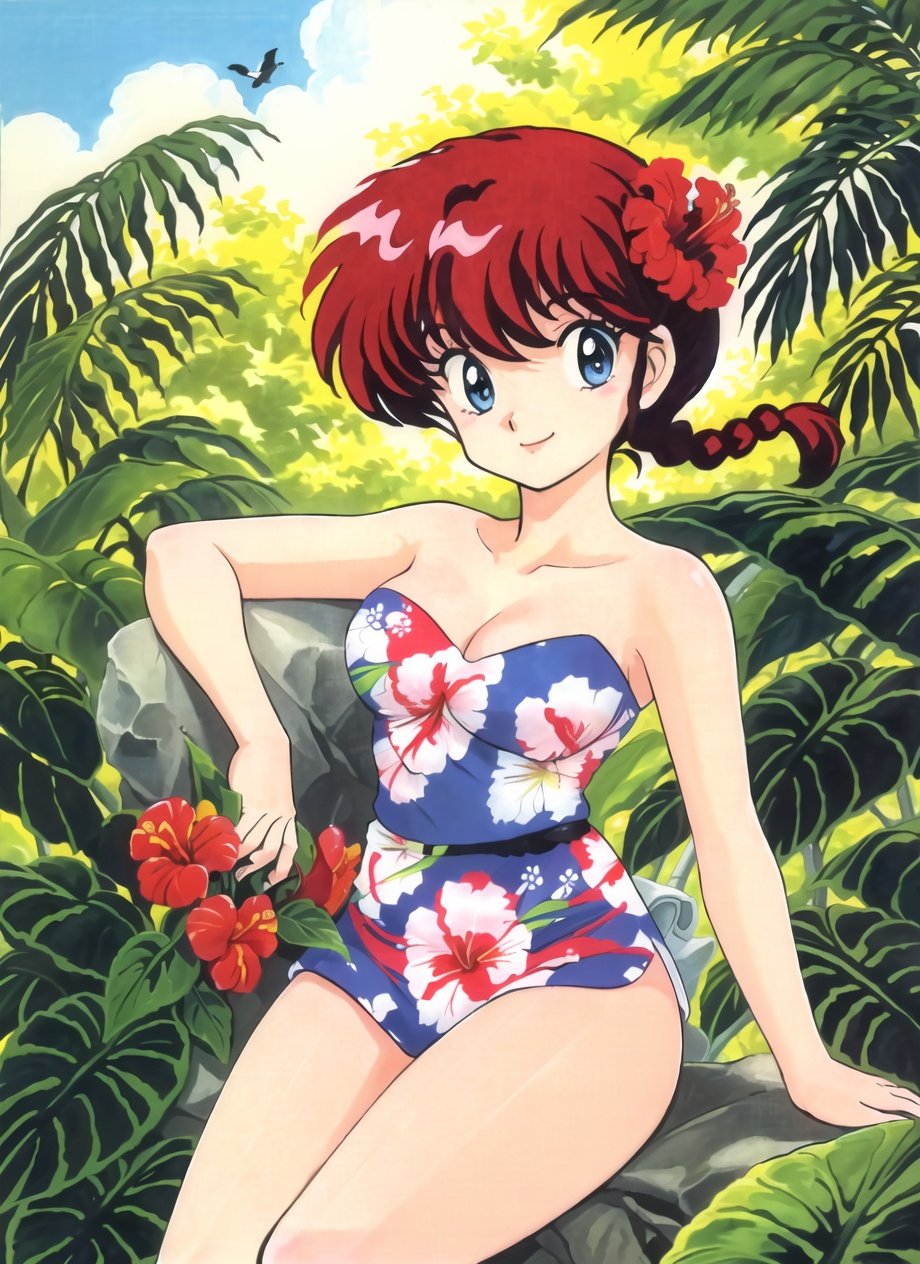 takahashi rumiko, ranma-chan, 1980s \(style\), retro artstyle, 1girl, arm ribbon, bare shoulders, bird, blue eyes, braid, braided ponytail, breasts, cleavage, floral print, flower, hair flower, hair ornament, hibiscus,  jungle, long hair, looking at viewer,  medium breasts, nature, outdoors, red hair, ribbon, seashell, shell, shitajiki, single braid, sitting, smile, solo, ((masterpiece)) <lora:takahashi_rumiko_offset:1>