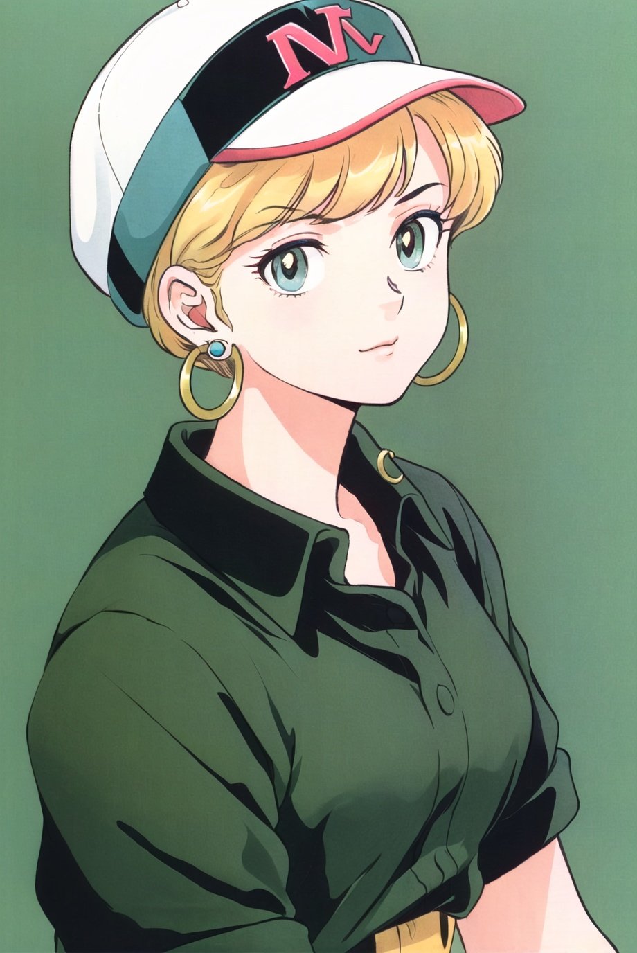 takahashi rumiko,  masterpiece, best quality, 1girl, aqua eyes, baseball cap, blonde hair, closed mouth, earrings, green background, hat, hoop earrings, jewelry, looking at viewer, shirt, short hair, simple background, solo, upper body, yellow shirt <lora:takahashi_rumiko_offset:1.2>