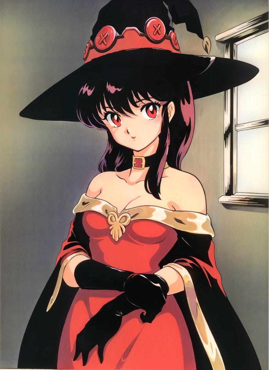 takahashi rumiko, 1980s \(style\), retro artstyle, megumin, 1girl, bare shoulders, black cape, black gloves, black hair, blush, cape, choker, collarbone, dress, hair between eyes, hat, long sleeves, looking at viewer, medium hair, off-shoulder dress, off shoulder, red dress, red eyes, sidelocks, solo, witch hat, indoors, (masterpiece) <lora:takahashi_rumiko_offset:1.2>