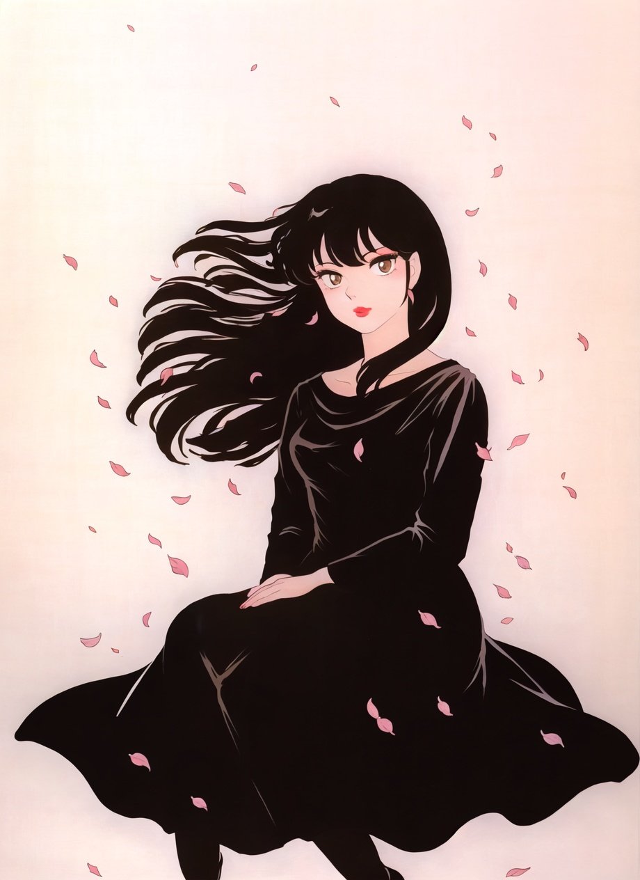 takahashi rumiko,  masterpiece, best quality, 1990s \(style\), otonashi kyouko, 1girl, black dress, black hair, brown eyes, dress, floating hair, lips, lipstick, long hair, long sleeves, makeup, petals, simple background, sitting, solo, traditional media <lora:takahashi_rumiko_offset:1.2>