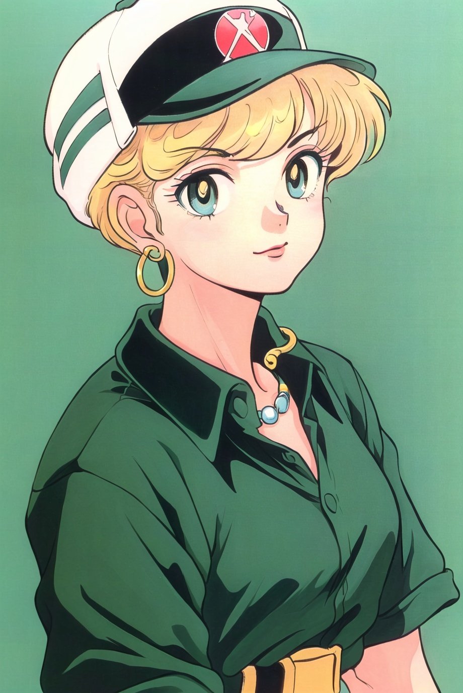 takahashi rumiko, 1980s \(style\), retro artstyle,  masterpiece, best quality, 1girl, aqua eyes, baseball cap, blonde hair, closed mouth, earrings, green background, hat, hoop earrings, jewelry, looking at viewer, shirt, short hair, simple background, solo, upper body, yellow shirt <lora:takahashi_rumiko_offset:1.2>