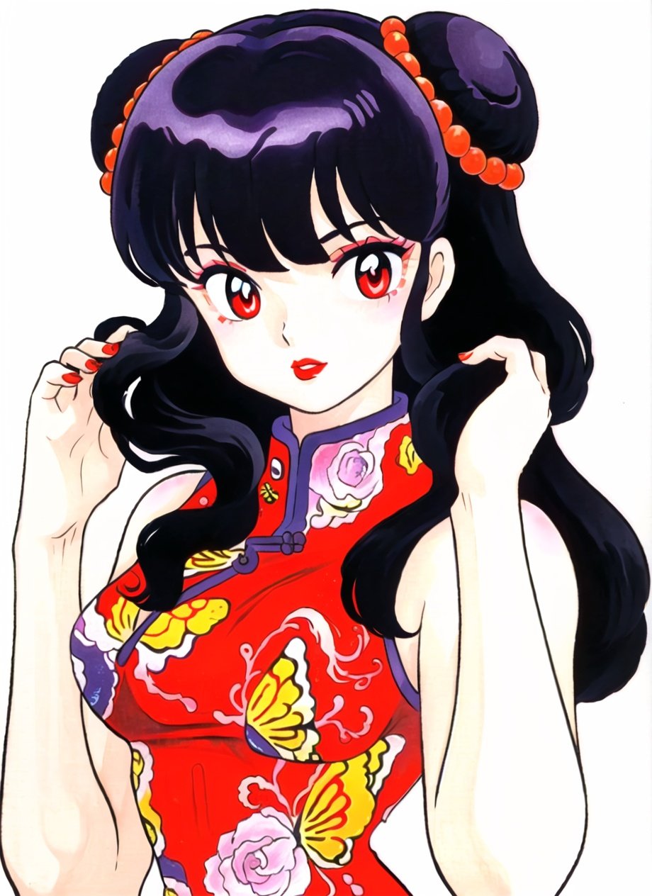 takahashi rumiko, 1980s \(style\), retro artstyle, shampoo \(ranma 1/2\), 1girl, adjusting hair, animal print, bare shoulders, beads, breasts, butterfly print, china dress, chinese clothes, double bun, dress, eyeshadow, floral print, hair beads, hair bun, hair ornament, long hair, looking at viewer, makeup, medium breasts, nail polish, parted lips, pinky out, purple hair, red eyes, red lips, red nails, rouge \(makeup\), sidelocks, simple background, sleeveless, solo, upper body, white background, ((masterpiece)) <lora:takahashi_rumiko_offset:1.2>