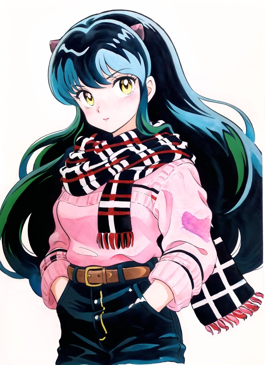takahashi rumiko, 1980s \(style\), 1girl, blush, cropped legs, green hair, hands in pockets, horns, long hair, long sleeves, oni, oni horns, pink sweater, plaid, plaid scarf, retro artstyle, scarf, simple background, solo, sweater, traditional media, watercolor, white background, yellow eyes <lora:takahashi_rumiko_offset:1>