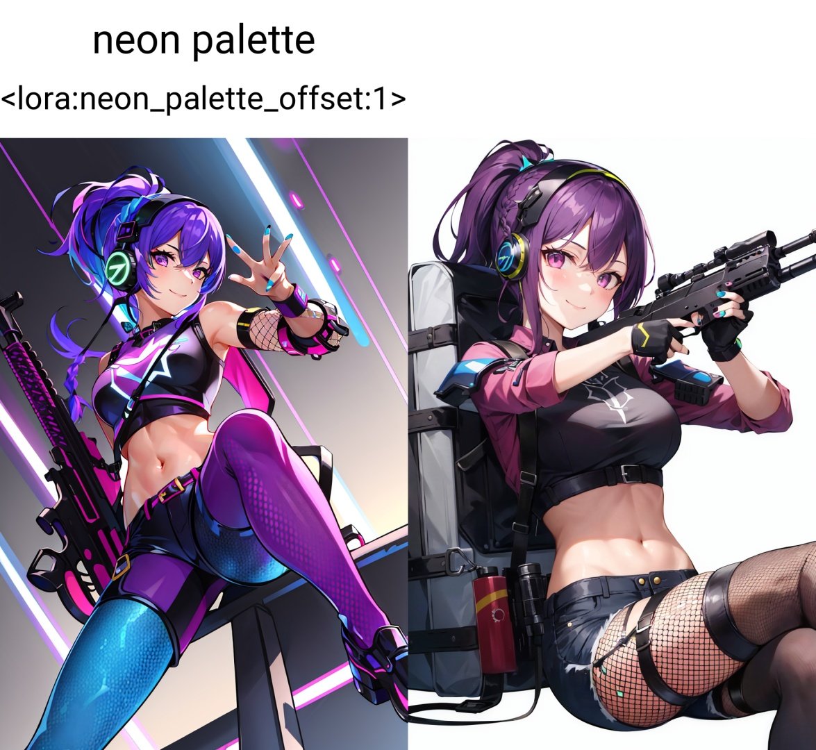 neon palette  <lora:neon_palette_offset:1>, 1girl, animification, armor, black shirt, blue pants, braid, breastplate, chaps, cropped shirt, crossed legs, electricity, fishnet pantyhose, fishnets, g7 scout, green nails, gun, headphones,  jetpack, looking at viewer, midriff, nail polish, navel, official alternate costume, pants, pantyhose, pink eyes, ponytail, purple hair, purple shorts, rifle, shirt, shorts, smile, solo, tan, thigh strap, weapon,  ((masterpiece))