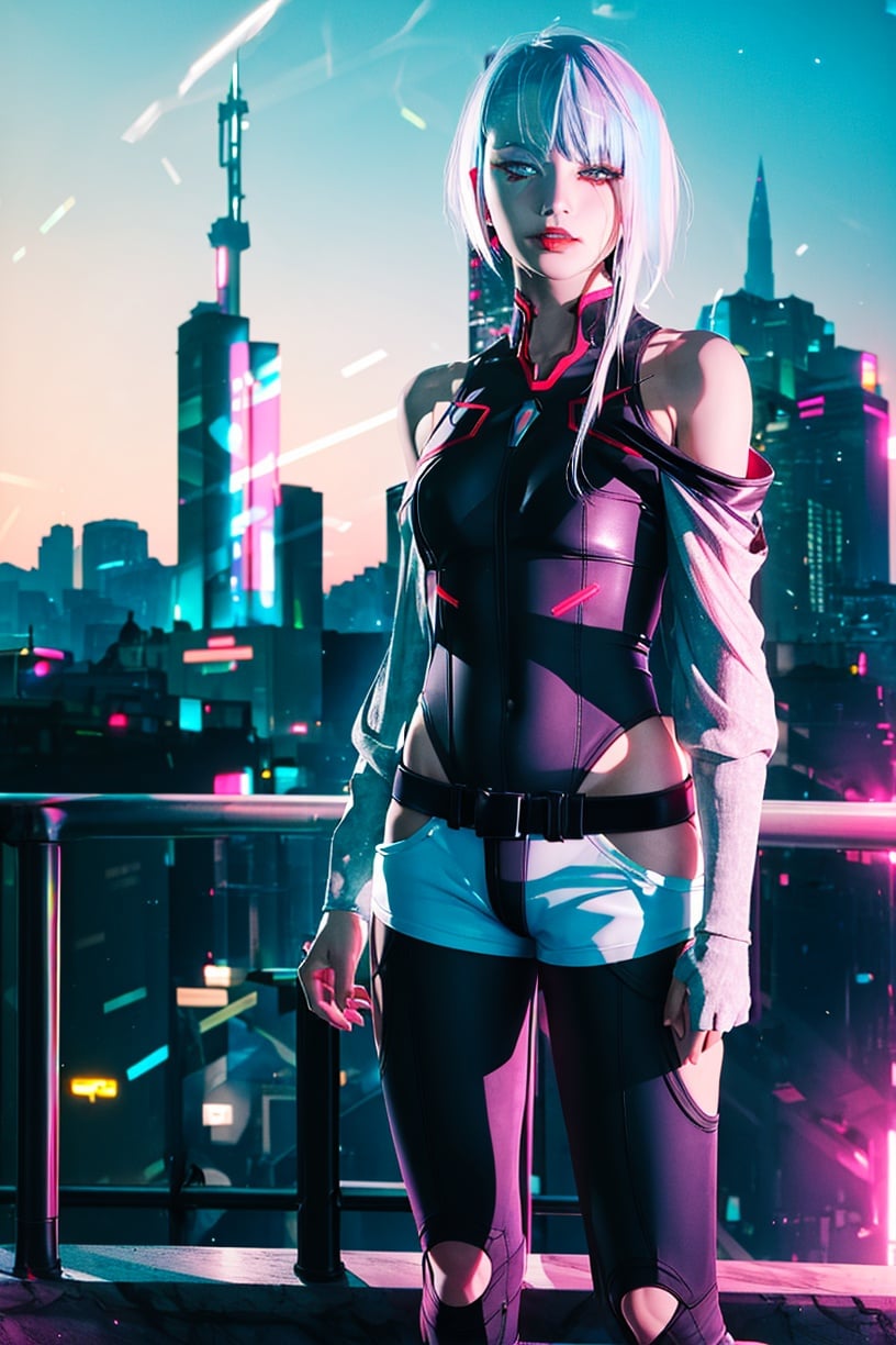 masterpiece, (photorealistic:1.4), best quality, beautiful lighting, (ulzzang-6500:0.5),lucy \(cyberpunk\), neon palette , 1girl, against railing, arm rest, bangs, bare shoulders, belt, black belt, black leotard, black pants, blurry, bob cut, breasts, building, cityscape, clothing cutout, cropped jacket, cyberpunk, depth of field, from side, gradient eyes, grey eyes, grey hair, jacket, leotard, lips, long sleeves, looking afar, looking ahead, mechanical parts, medium breasts, multicolored eyes, multicolored hair, night, night sky, off shoulder, open clothes, open jacket, outdoors, pants, parted lips, railing, red eyeliner, science fiction, short hair with long locks, short shorts, shorts, sidelocks, sky, solo, standing, teeth, thigh cutout, upper teeth only, white jacket, white shorts, cyberpunk \(series\), cyberpunk edgerunners,  <lora:lucy-000035:0.7> <lora:neon_palette_offset:1>RAW photo, 8k uhd, film grain