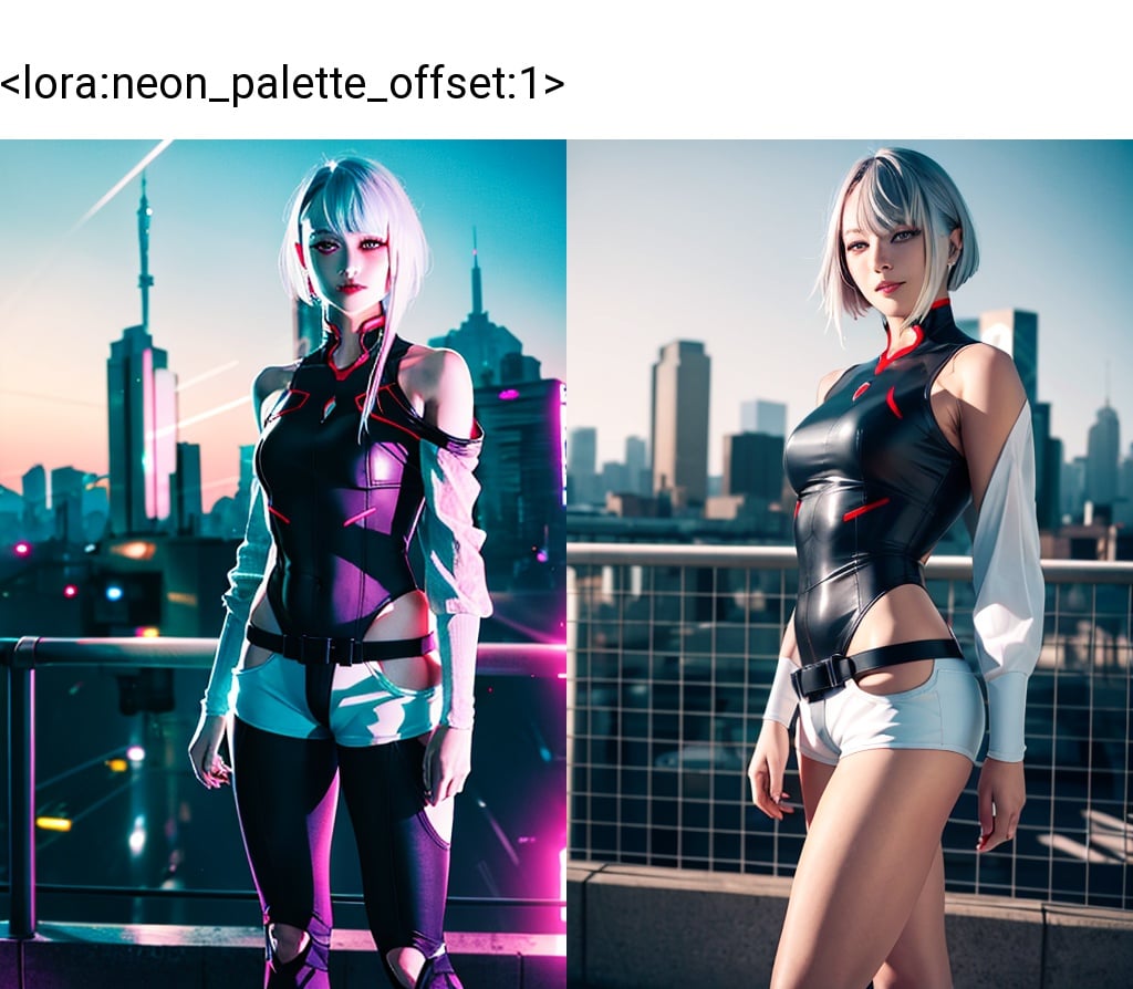 masterpiece, (photorealistic:1.4), best quality, beautiful lighting, (ulzzang-6500:0.5),lucy \(cyberpunk\), neon palette , 1girl, against railing, arm rest, bangs, bare shoulders, belt, black belt, black leotard, black pants, blurry, bob cut, breasts, building, cityscape, clothing cutout, cropped jacket, cyberpunk, depth of field, from side, gradient eyes, grey eyes, grey hair, jacket, leotard, lips, long sleeves, looking afar, looking ahead, mechanical parts, medium breasts, multicolored eyes, multicolored hair, night, night sky, off shoulder, open clothes, open jacket, outdoors, pants, parted lips, railing, red eyeliner, science fiction, short hair with long locks, short shorts, shorts, sidelocks, sky, solo, standing, teeth, thigh cutout, upper teeth only, white jacket, white shorts, cyberpunk \(series\), cyberpunk edgerunners,  <lora:lucy-000035:0.7> <lora:neon_palette_offset:1>RAW photo, 8k uhd, film grain