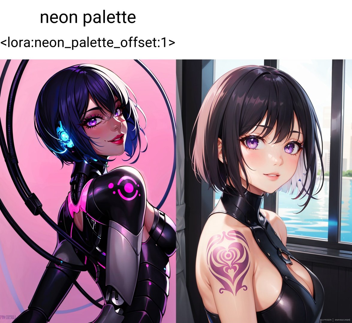 neon palette  <lora:neon_palette_offset:1>, 1girl, artist name, bare shoulders, black hair, bob cut, cable, cyborg, eyelashes, from side, light smile, looking at viewer, parted lips, pink lips, purple eyes, short hair, shoulder tattoo, solo, tattoo, watermark,  ((masterpiece))